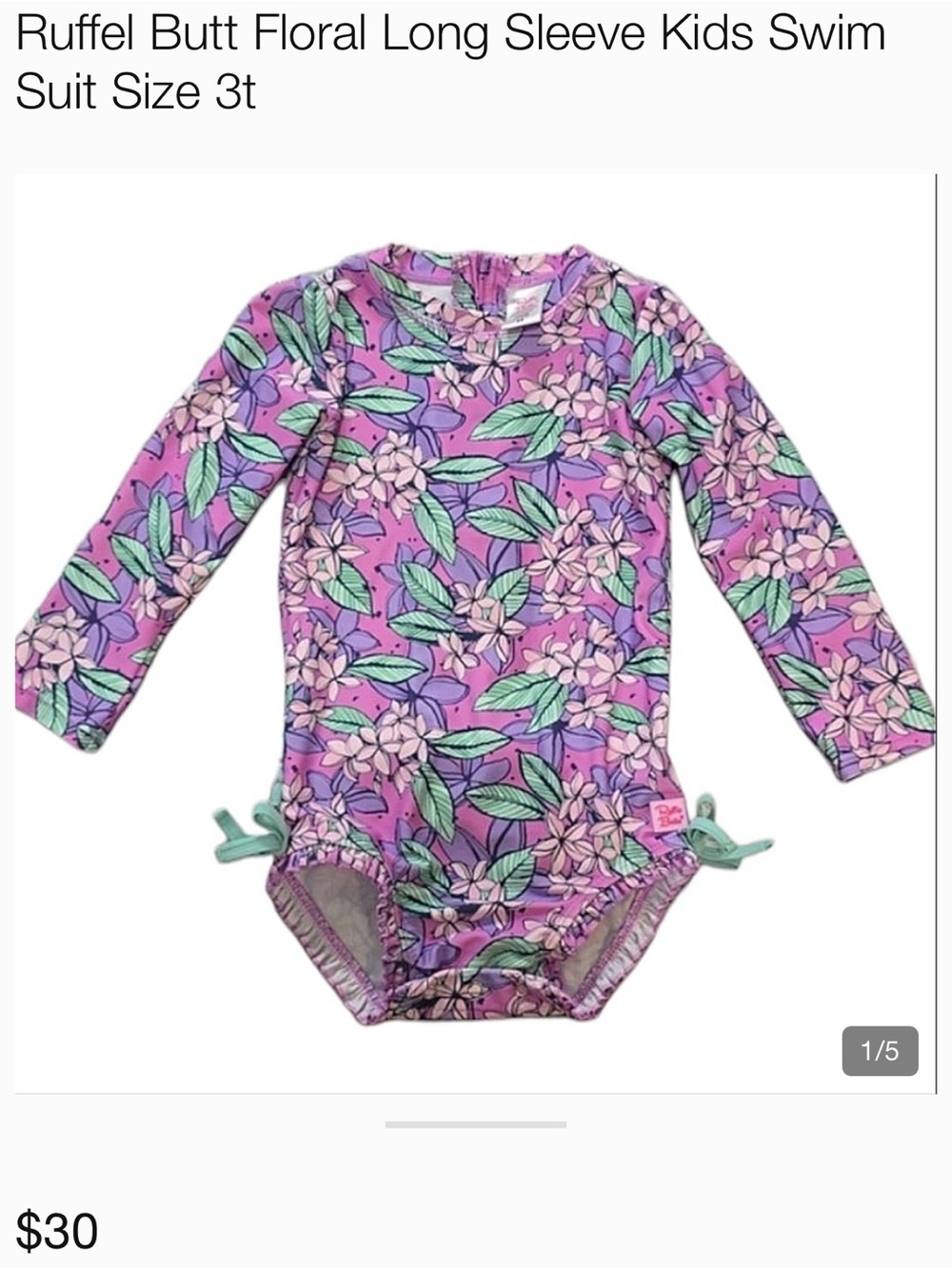 Ruffle Butts Purple & Mint Floral Long Sleeve Swim One-Piece 2T